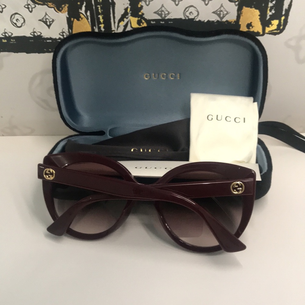 New Authentic Gucci GG0325S 007 Burgundy Cat-Eye Sunglasses Red Lenses - Picture 11 of 12